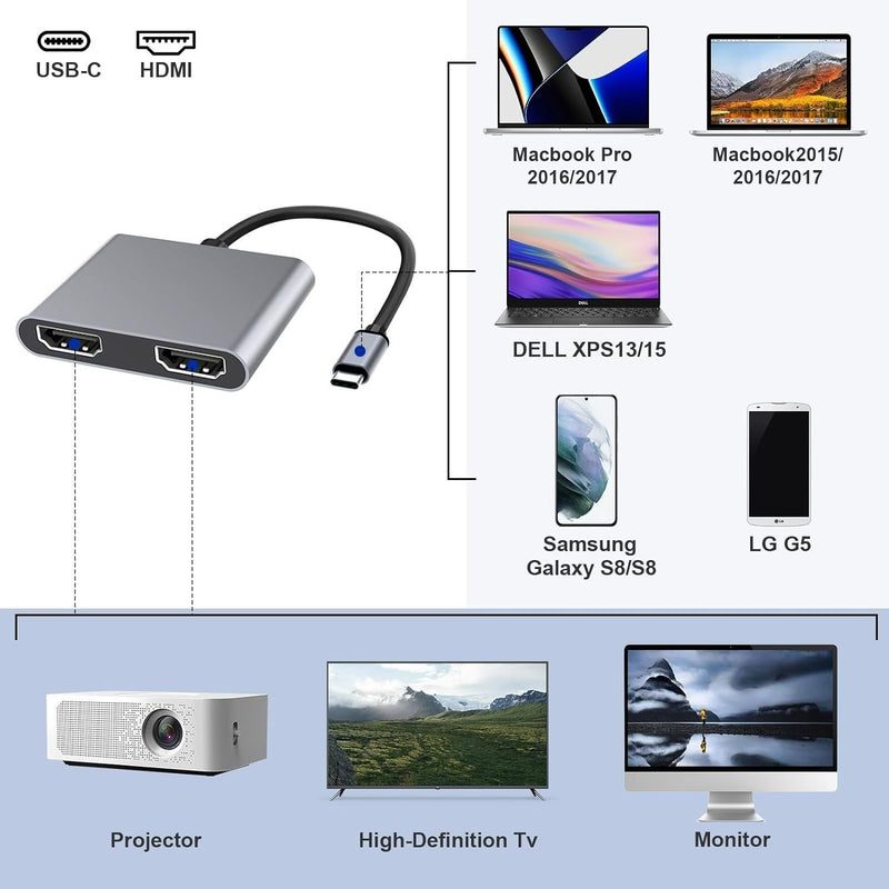 NÖRDIC USB-C adapter to dual HDMI displays, 4K 60Hz, Windows, MacOS, Android