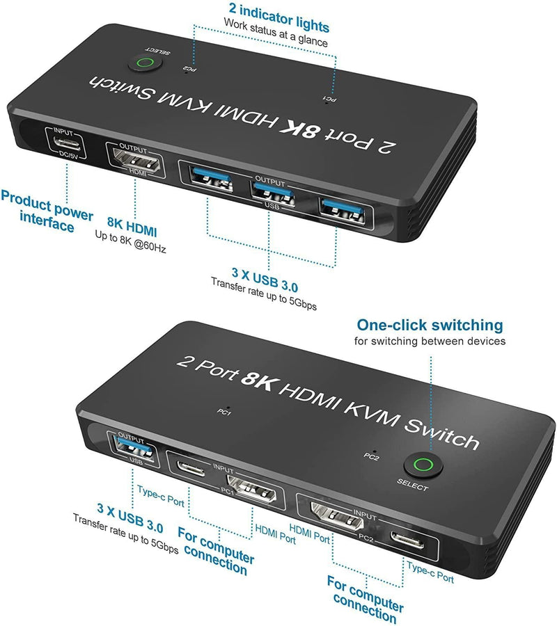 NÖRDIC HDMI 2.1 8K60Hz KVM switch 2 to 1 HDCP2.3 HDR10 with 4xUSB-A output