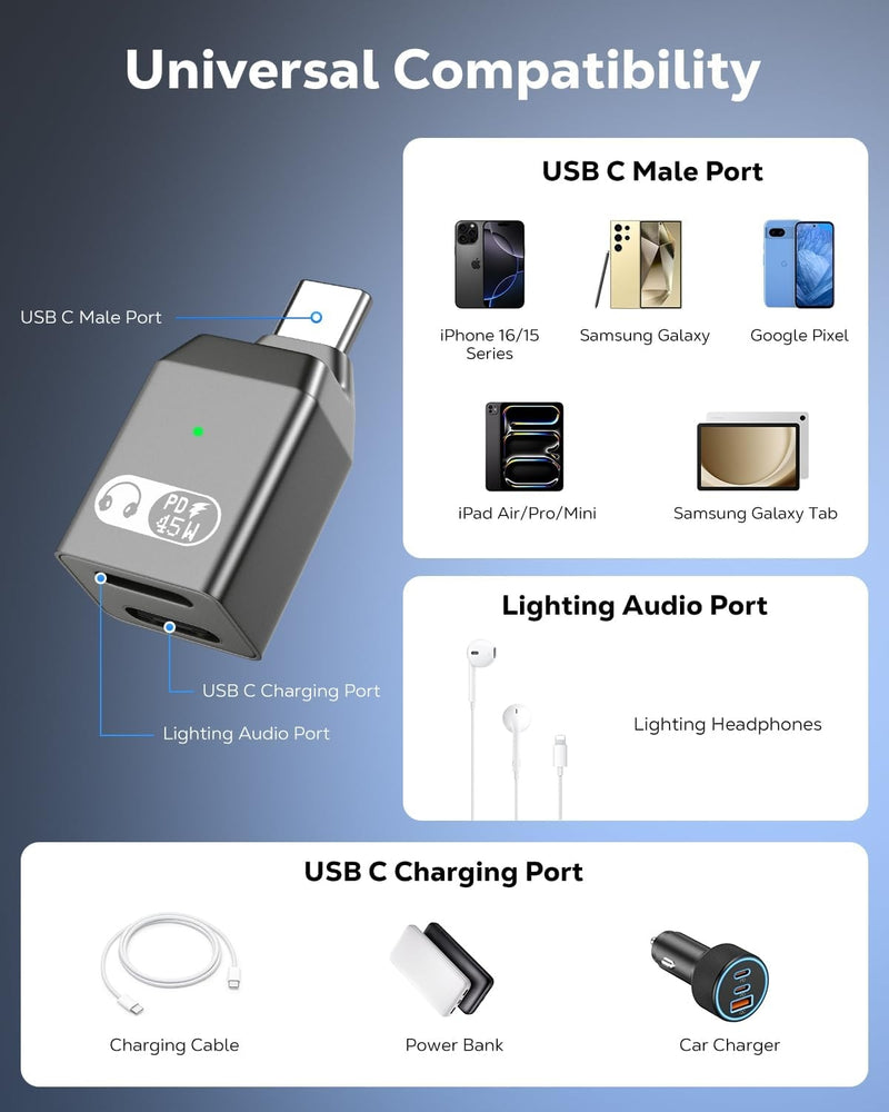 NÖRDIC USB-C to Lightning + USB-C Adapter for Audio and Fast Charging 45W