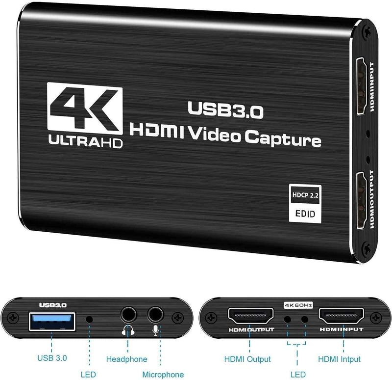 NÖRDIC Video capture adapter USB3.0 HDMI output 4K 60Hz HDMI with Loop Microphone and audio out HDMI Signal Loop Out