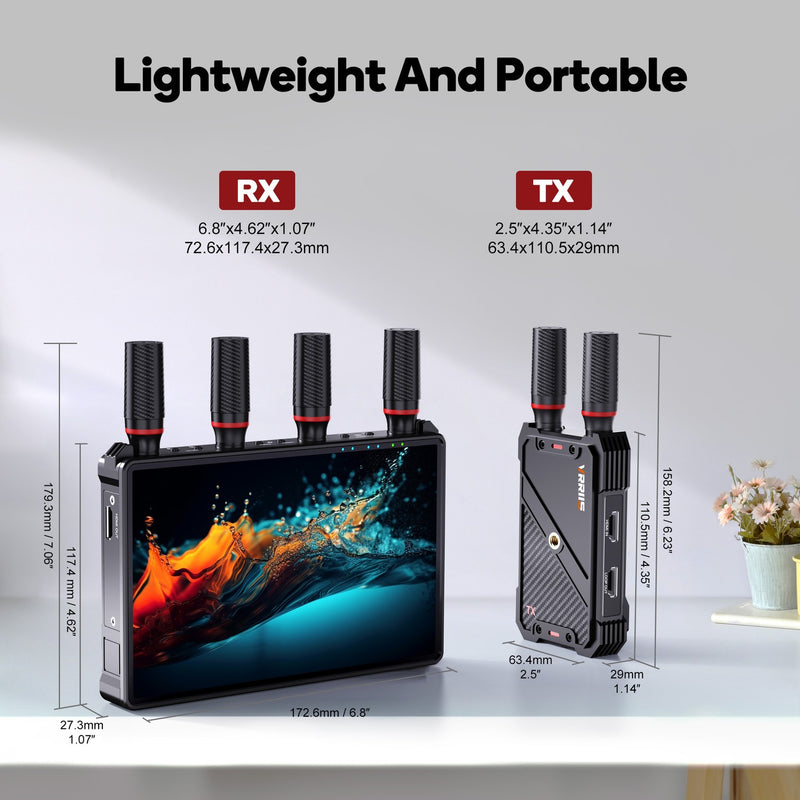 NÖRDIC Wireless Portable 7" Screen, Video Transmitter and Receiver, 2.4G/5.0G, 4k HDMI INPUT / 1080p OUTPUT, 400m