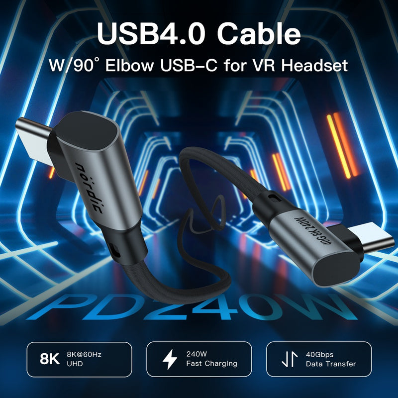 NÖRDIC angled 1m USB4 USB-C to C nylon braided cable PD3.1 240W 40G 8K60Hz 4K144Hz gray