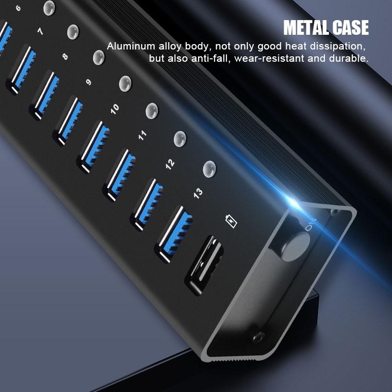 NÖRDIC powered 14-ports USB 3.0 HUB 5Gbps 1,2mm kabel aluminium svart med nätdel