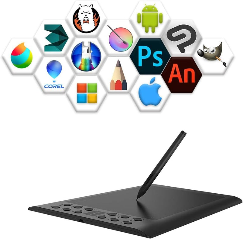 Professional graphic drawing tablet with 12+16 programmable keys. Compatible with Windows Mac Android and it is battery-free