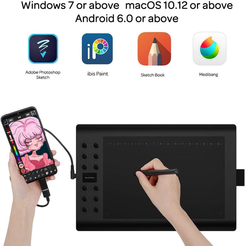 Professional graphic drawing tablet with 12+16 programmable keys. Compatible with Windows Mac Android and it is battery-free