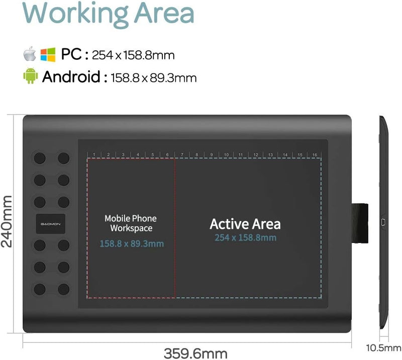 Professional graphic drawing tablet with 12+16 programmable keys. Compatible with Windows Mac Android and it is battery-free