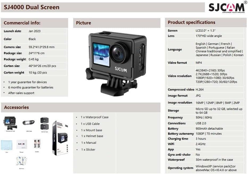 SJCAM SJ4000Dual Screen 4K 30fps Action camera, Wifi, Dual screen, Waterproof shell. portable