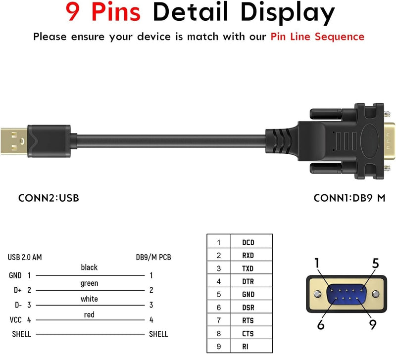 USB-A to RS232 DB9 Male Cable for Serial Devices with FTDI Chipset
