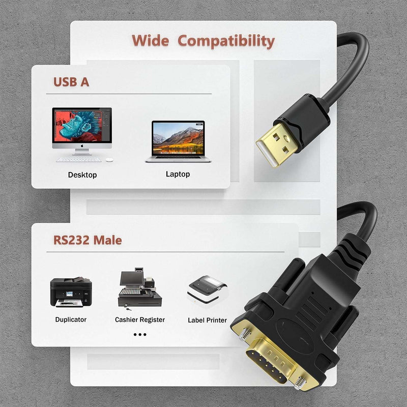 USB-A to RS232 DB9 Male Cable for Serial Devices with FTDI Chipset