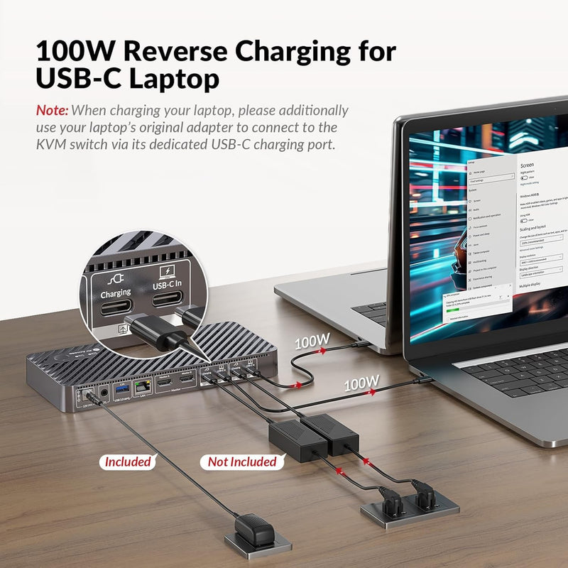 USB-C KVM Docking Station for 2 Laptops, Dual 4K Display, 11-in-1 with 100W PD, 1Gbps LAN & EDID Emulation