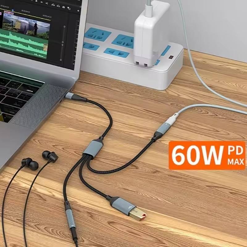 NÖRDIC USB-C Splitter 1 to 3, 1xUSB-A 1xUSB-C PD60W 1x3.5mm Headphone Jack OTG Cable