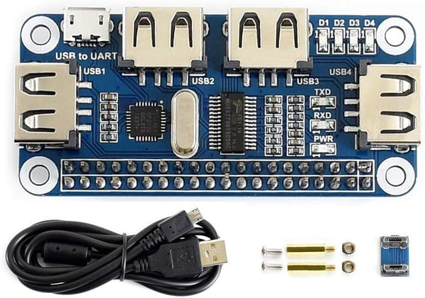 USB HUB HAT 4-Port for Raspberry Pi Zero/A+/B/B+/2/3 – Supports USB-A and Serial Debugging with Onboard USB to UART