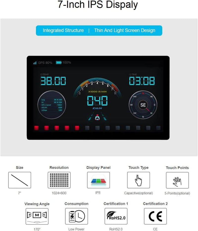 Waveshare 7 inch HDMI Display Touch LCD 1024 x 600 IPS Screen Supports All Versions of Raspberry Pi Windows Monitor