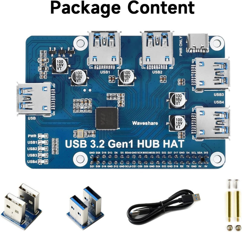 Waveshare USB 3.2 Gen1 HUB HAT for Raspberry Pi 4 with 4x USB 3.2 Gen1 Ports Up to 5 Gbps