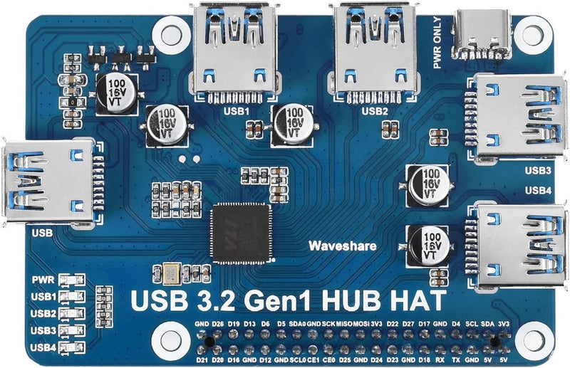 Waveshare USB 3.2 Gen1 HUB HAT for Raspberry Pi 4 with 4x USB 3.2 Gen1 Ports Up to 5 Gbps