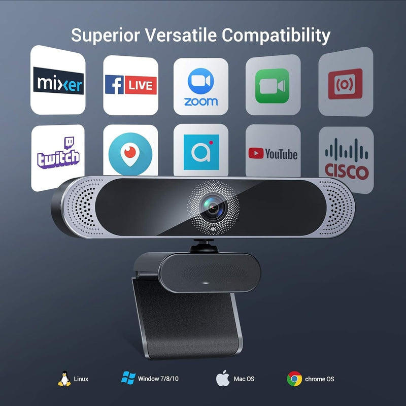 Webcam 4K30fps 8MP with Autofocus, Dual Microphone and Tripod